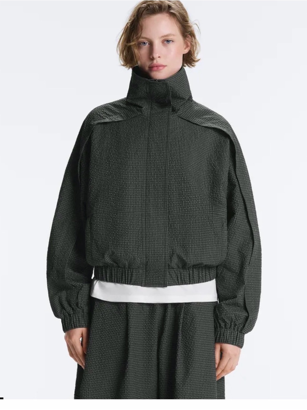 Textured High-Neck Bomber Jacket - Dark Green